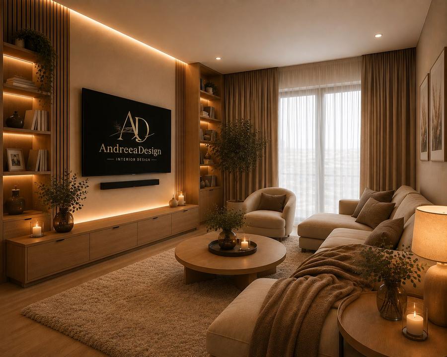 Living cu perete TV din lemn și rafturi iluminate